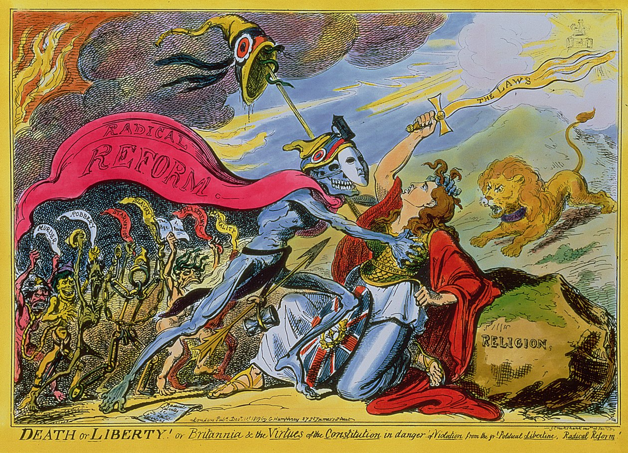 "Death or Liberty! or, Britannia and the Virtues of the Constitution in Danger of Violation from the Great Political Libertine, Radical Reform", udgivet af H. Humphrey, 1819 (farvet radering) af George Cruikshank