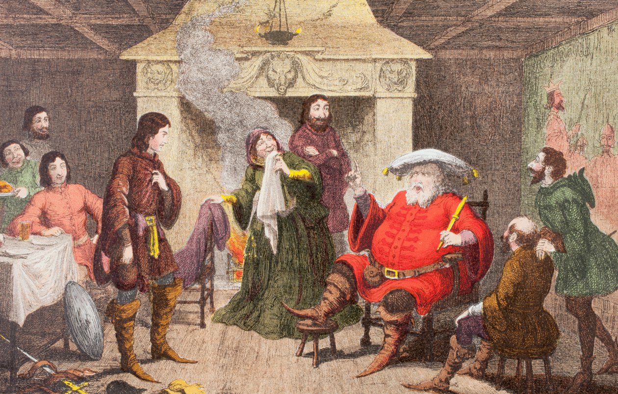 Falstaff opfører kongen i Henrik IV, del I, akt II, scene IV, fra 