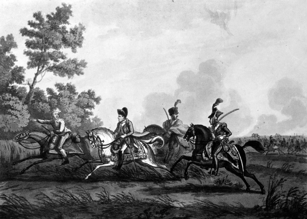 Flight of Bonaparte fra Field of Waterloo ledsaget af hans guide, 1816 af George Cruikshank