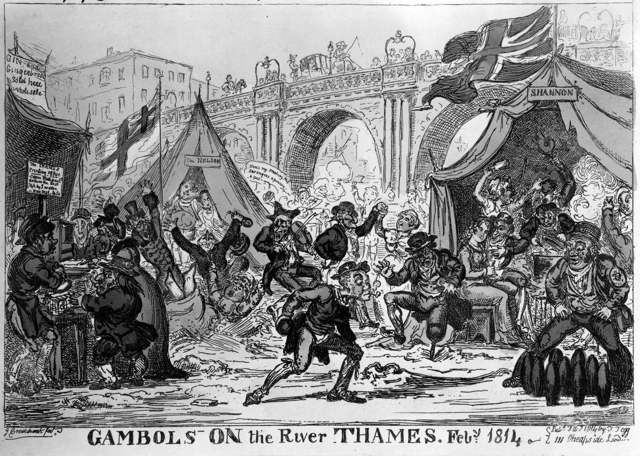 Gambols ved Themsen, 1814 (håndfarvet radering) af George Cruikshank
