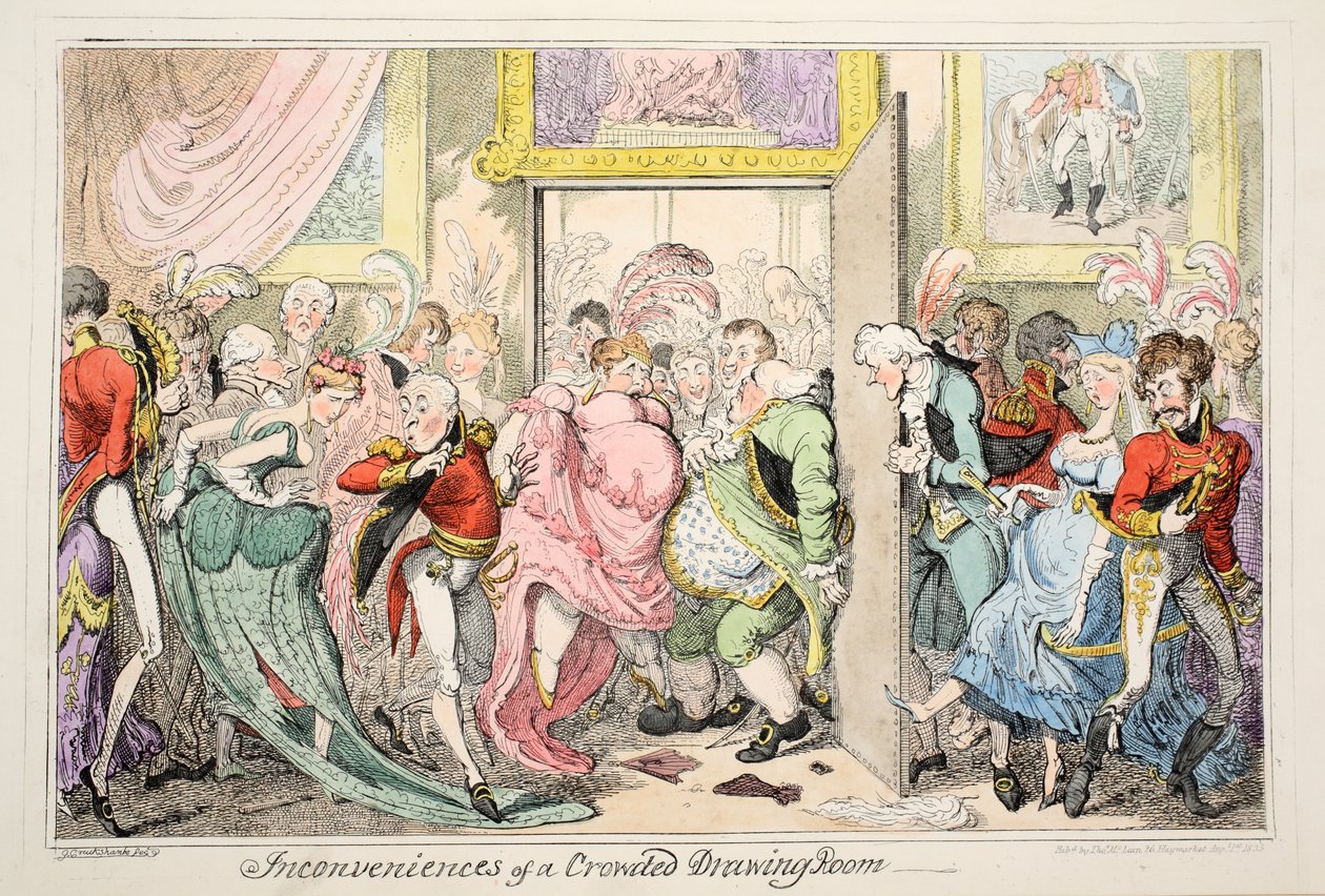 Uhensigtsmæssigheder ved en overfyldt tegnestue, pub. 1835 (håndfarvet radering) af George Cruikshank