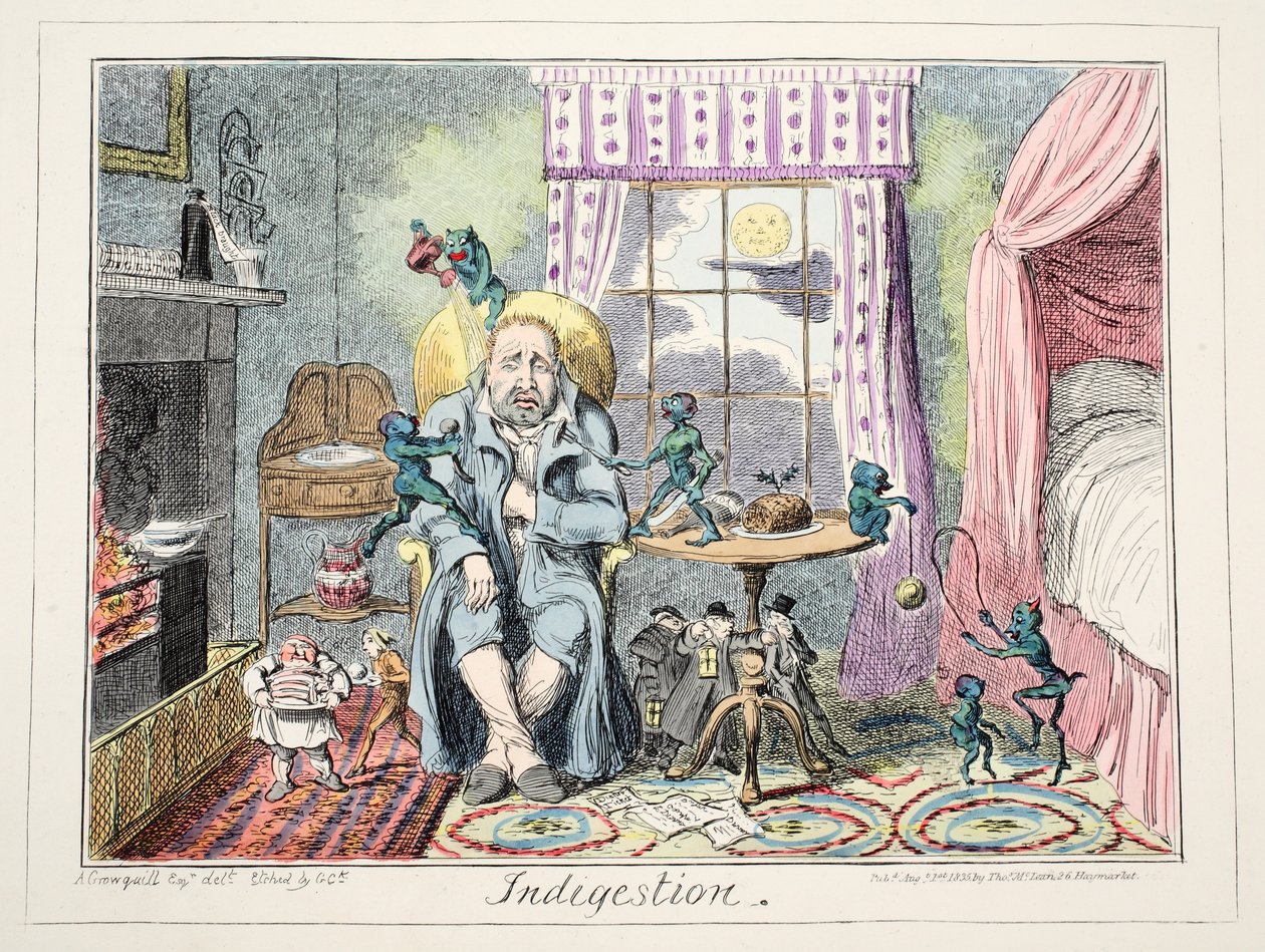 Fordøjelsesbesvær, 1835 (håndkoloreret gravering) af George Cruikshank