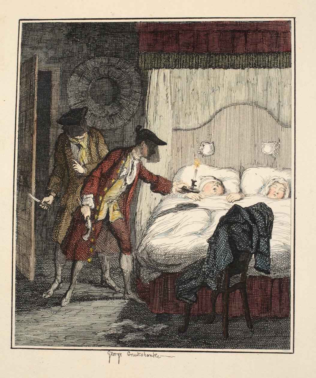 Jack Sheppard & Blueskin i Mr. Woods soveværelse, illustration fra Jack Sheppard: A Romance af William Harrison Ainsworth, udgivet 1839 (håndfarvet radering) af George Cruikshank