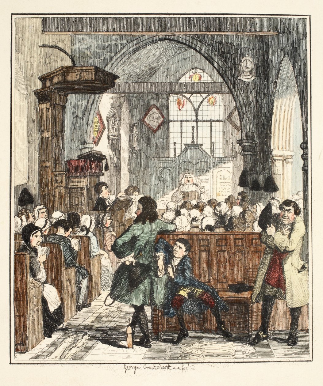 Jack Sheppard begår et røveri i Willesden Church, illustration fra Jack Sheppard: A Romance af William Harrison Ainsworth, udgivet i 1839 (håndkoloreret radering) af George Cruikshank