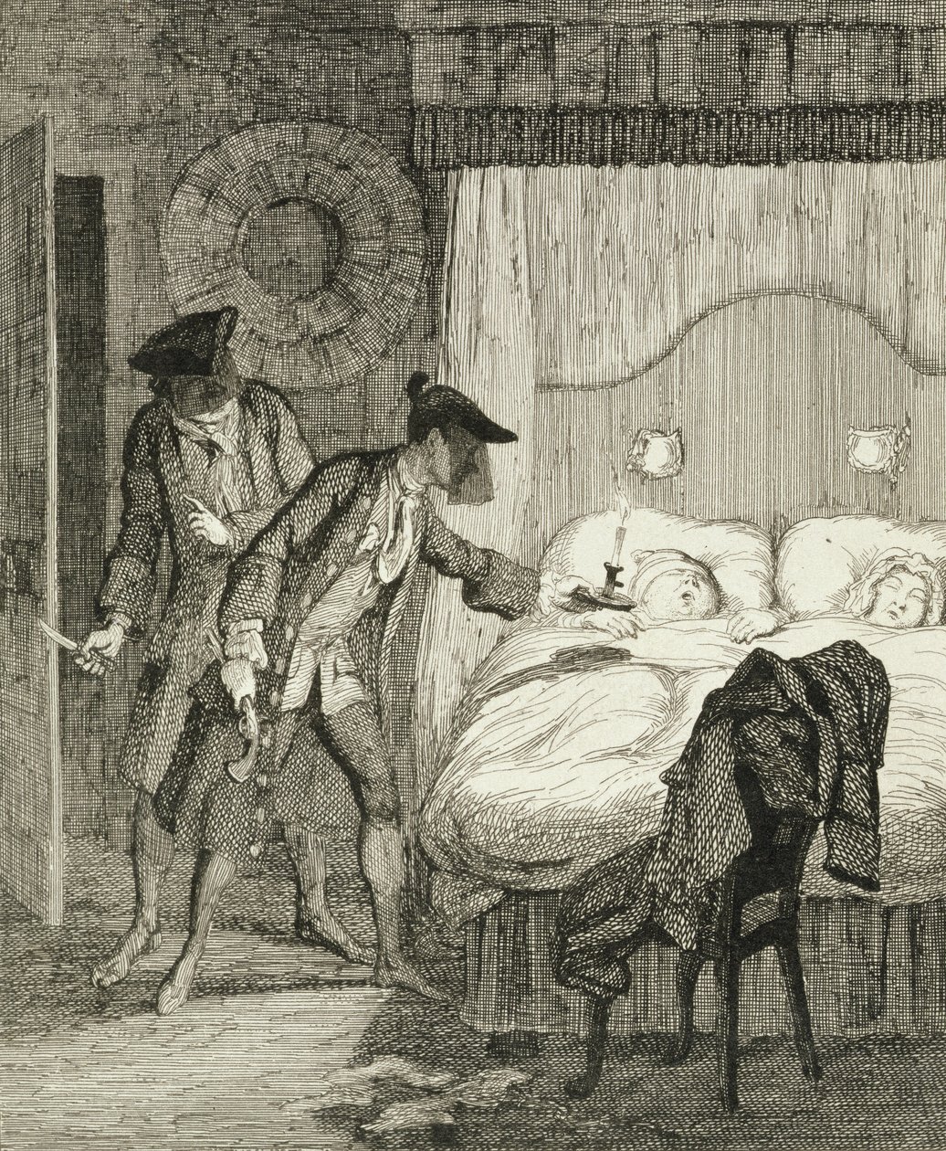 Jack og hans medskyldige Blueskin røver Mr. Wood og hans kone i deres soveværelse, illustration fra 