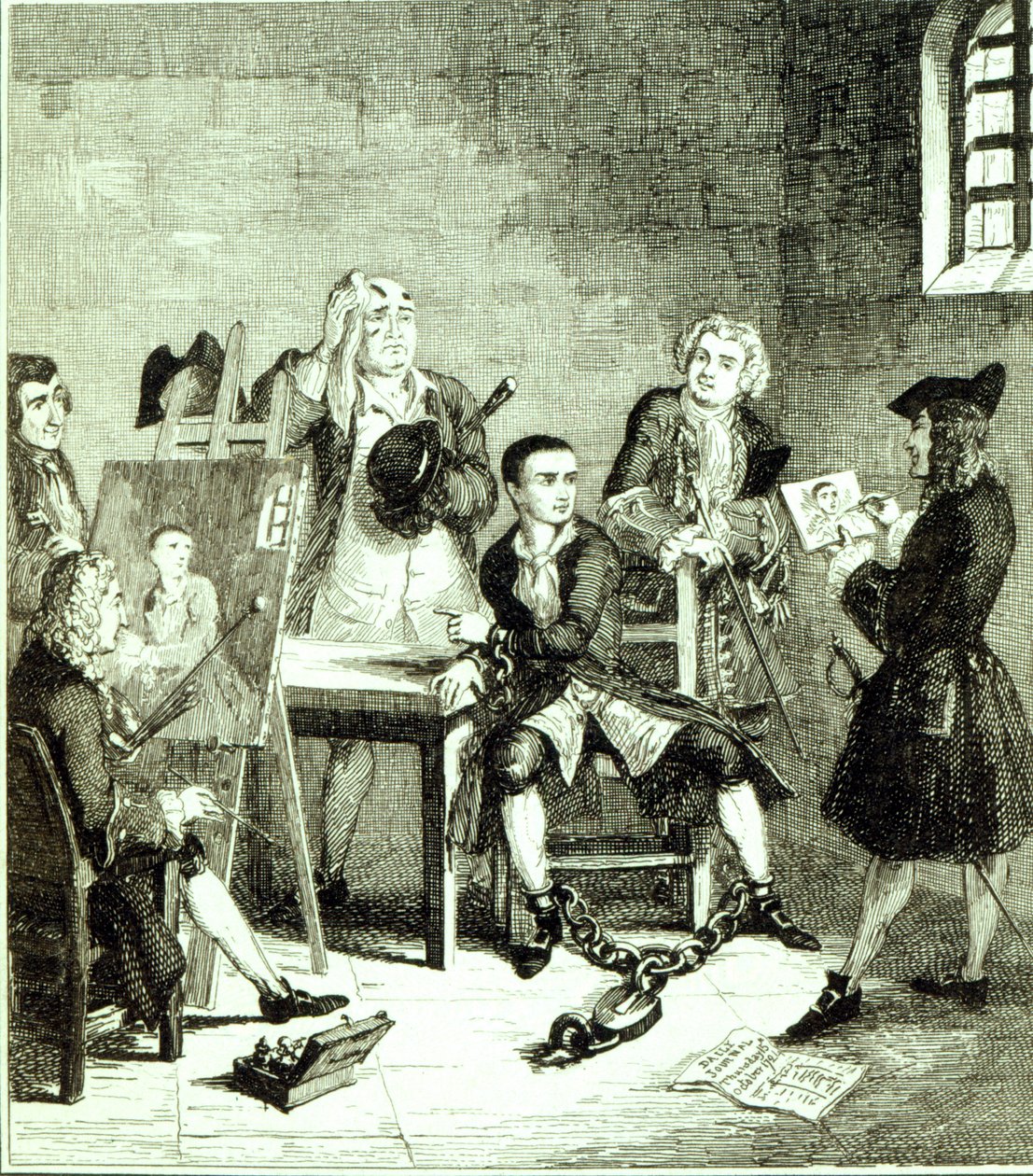 Jack i Newgate Ward med portrætter taget af Sir James Thornhill og William Hogarth, illustration fra "Jack Sheppard: A Romance" af William Harrison Ainsworth, udgivet i 1839 af George Cruikshank