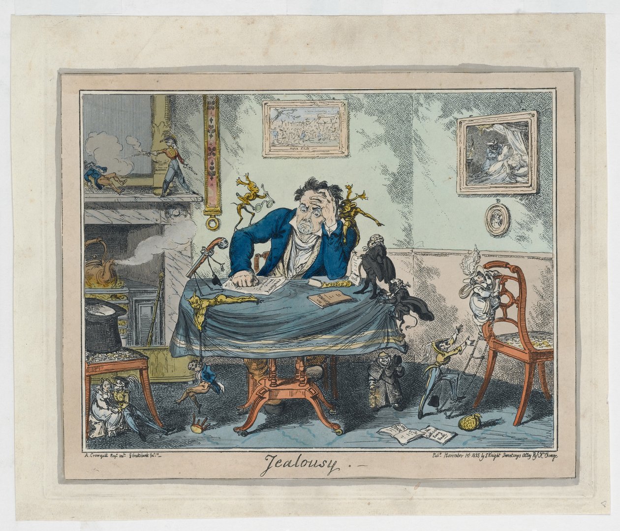 Jalousi, 1825 (håndfarvet gravering) af George Cruikshank