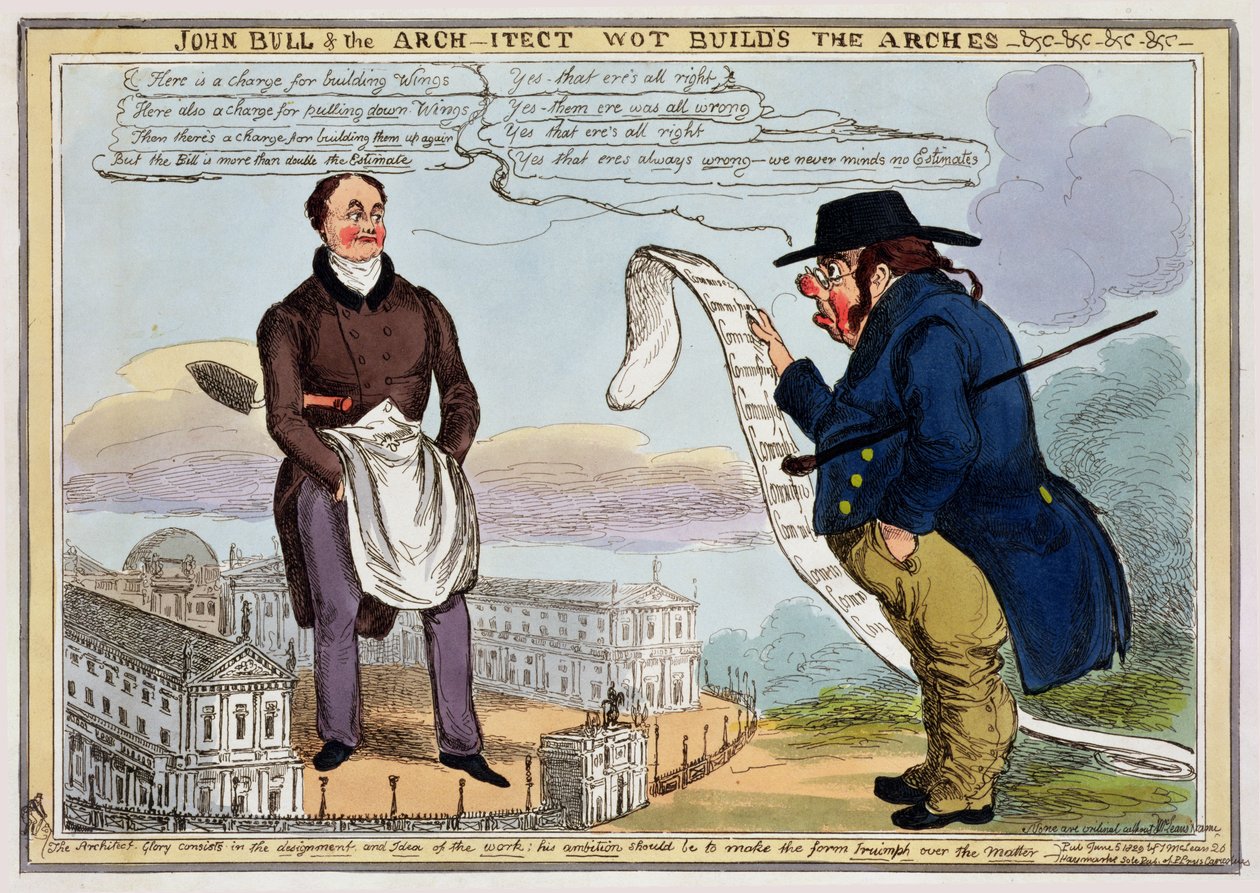 John Bull og arkitekten, der bygger buerne - Tegneserie udgivet i 1829 af George Cruikshank