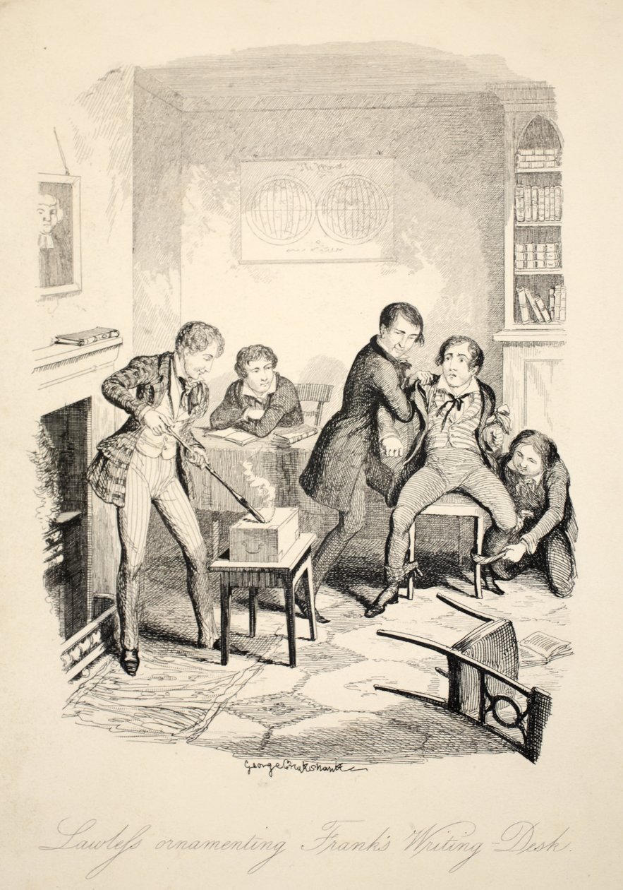 Lawleys Ornamenting Franks Writing-Desk, fra Frank Fairlegh eller Scenes From the Life of a Private Pupil, pub. ca. 1870 af George Cruikshank