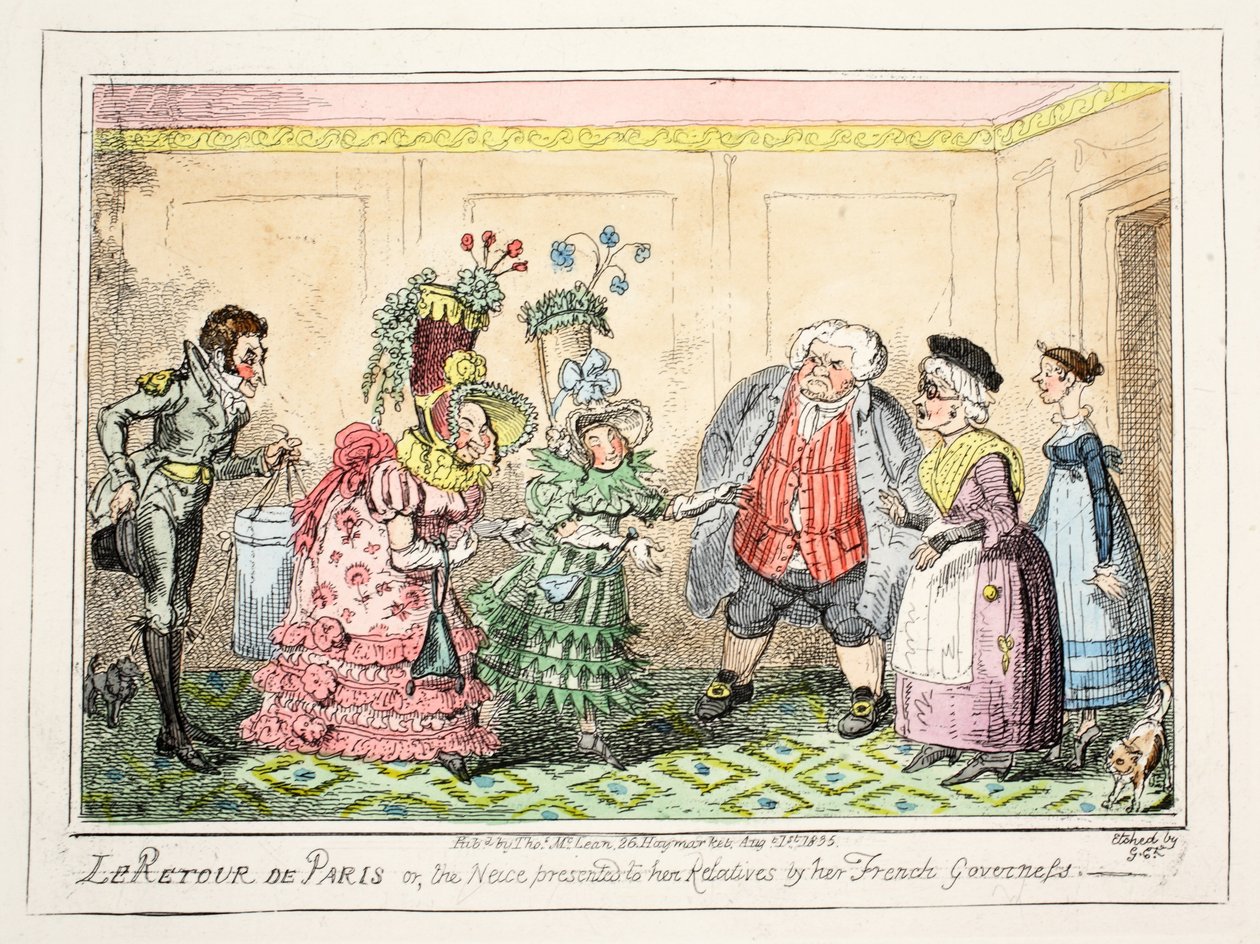 Le Retour de Paris, eller niecen præsenteret for sine slægtninge af hendes franske guvernante, pub. 1835 (håndfarvet radering) af George Cruikshank