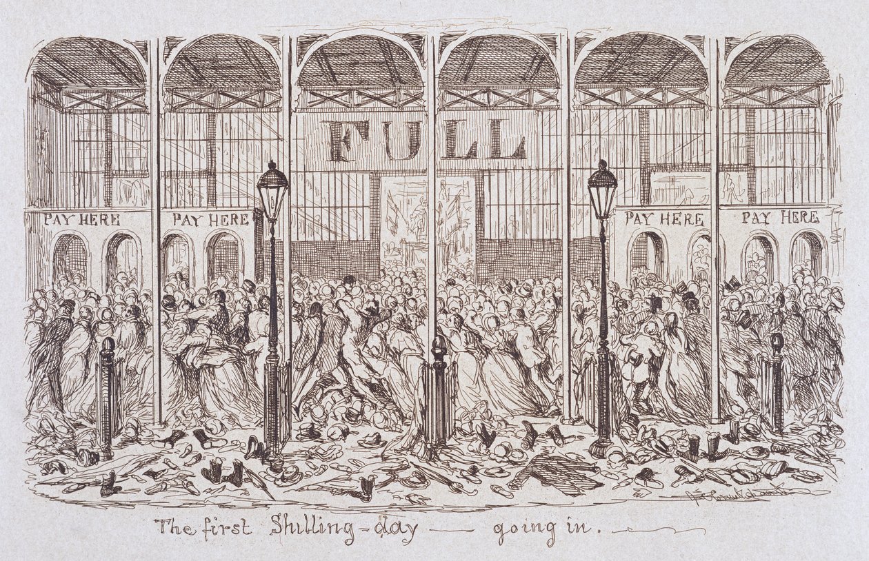Mayhews store udstilling fra 1851: Den første Shilling Day - Going In, 1851 af George Cruikshank