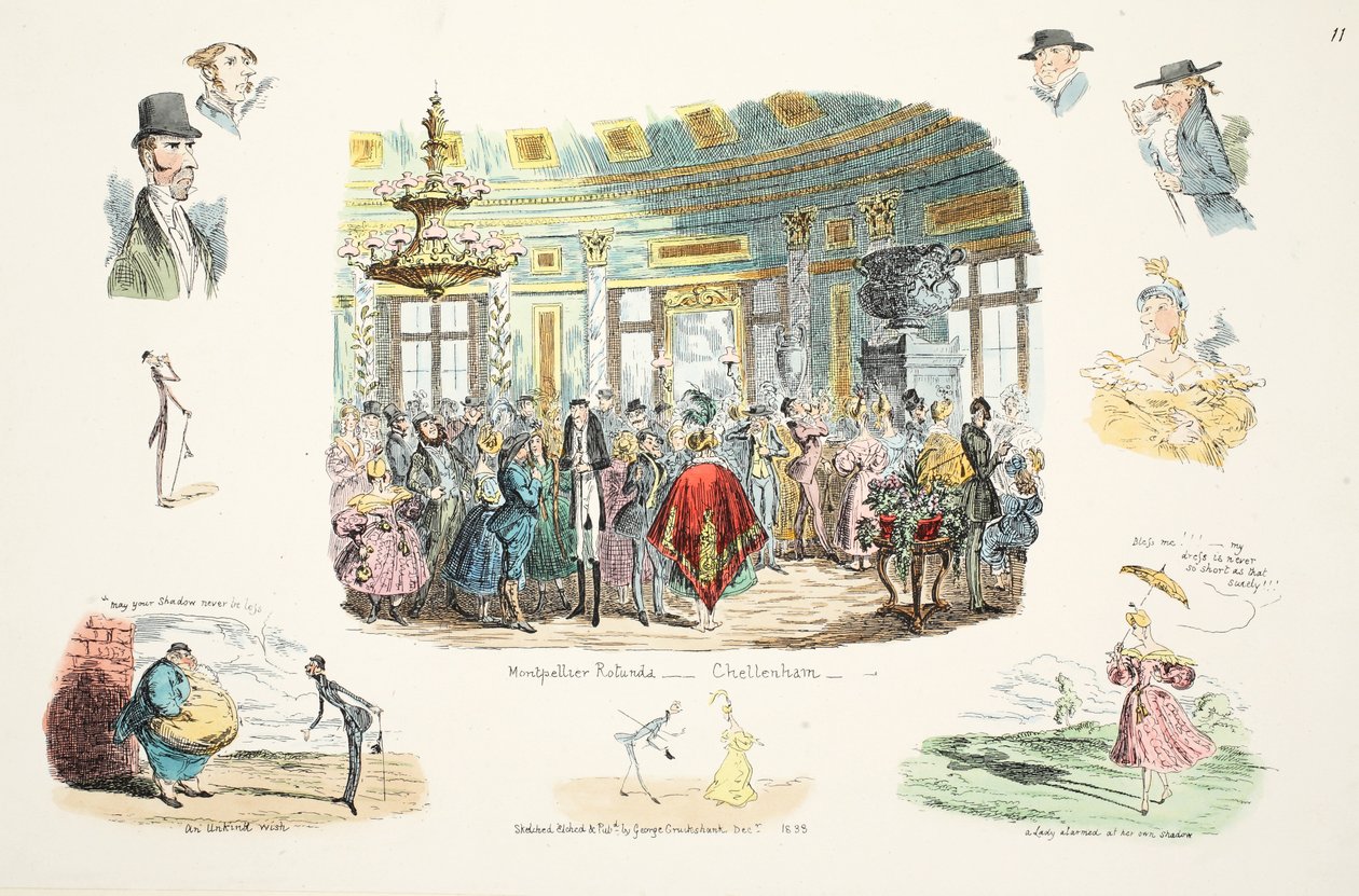 Montpellier Rotunda, Cheltenham, pub. 1833 (håndkoloreret radering) af George Cruikshank