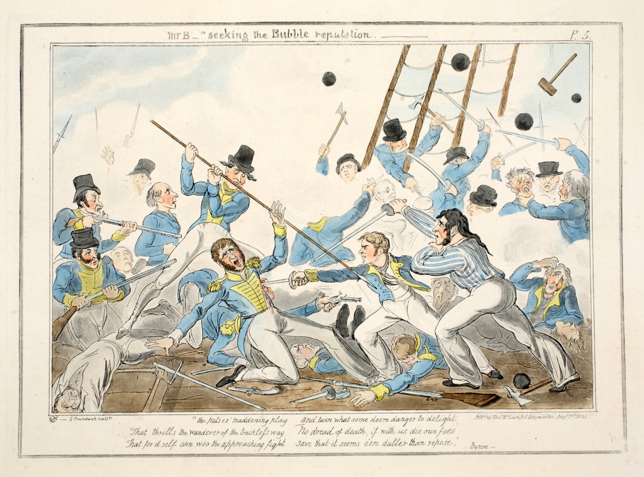 Mr. B - Seeking the Bubble reputation, fra The Progress of a Midshipman, 1835 (håndfarvet gravering) af George Cruikshank