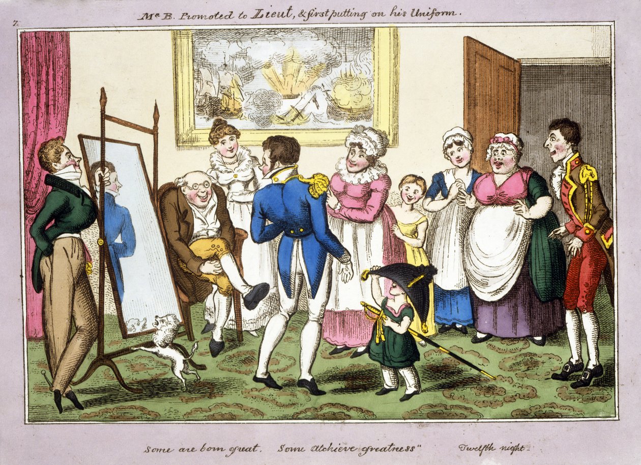 Hr. B. forfremmet til løjtnant og iført sin uniform, 1835 (håndkoloreret akvatint) af George Cruikshank
