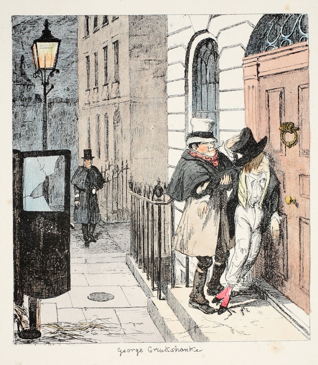 Hr. Lambkinss vaner bliver værre og værre!?Ved 3 oclock a. m. han er placeret oprejst (meget glad) mod sin egen dør, af en godhjertet Cabman, fra The Bachelors Own Book or the Progress of Mr Lambkins af George Cruikshank