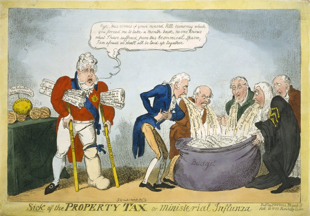 Syg af ejendomsskat eller ministeriel influenza, 1816 (håndfarvet radering) af George Cruikshank