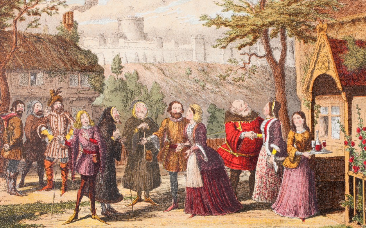 Sir John Falstaff på besøg hos sin ven Page i Windsor, illustration fra The Merry Wives of Windsor, fra 