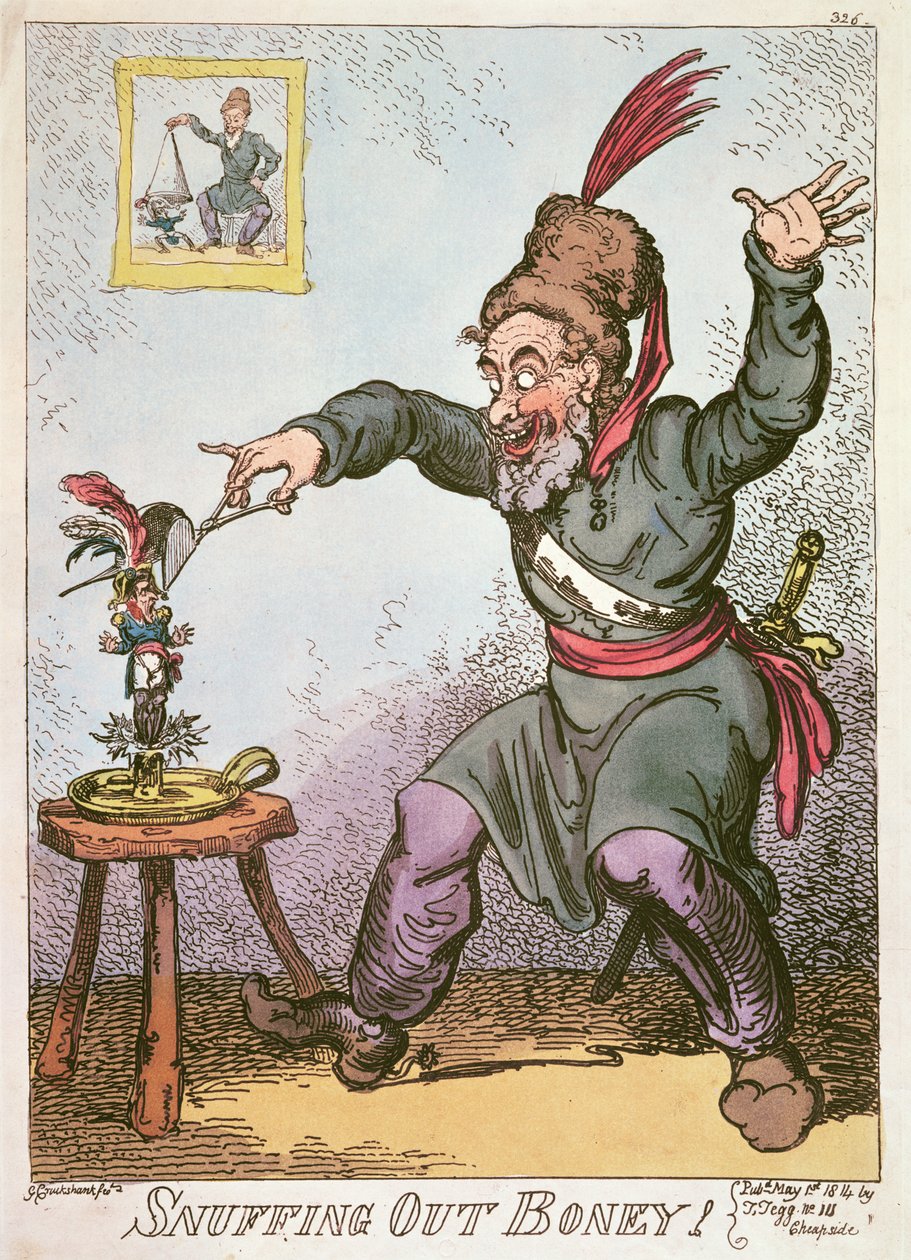 Snuffing out Boney, 1814 (farvet litografi) af George Cruikshank