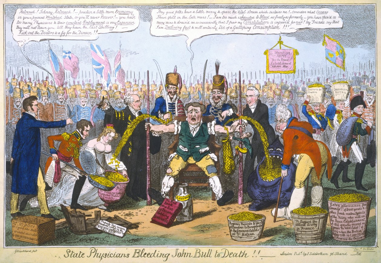 Statslæger, der bløder John Bull til døde!!!, 1816 (håndkoloreret stik) af George Cruikshank