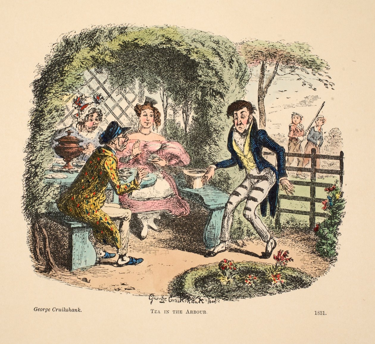 Te i Arbour, pub. 1831 (håndfarvet gravering) af George Cruikshank