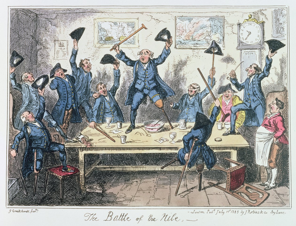 The Battle of the Nile, udgivet af James Robins und Co., 1. juli 1825 (farvet radering) af George Cruikshank