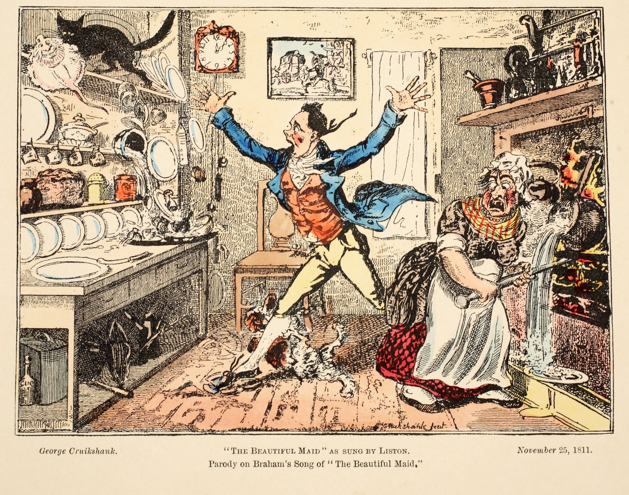 The Beautiful Maid som sunget af Liston, pub. 1811 (håndfarvet gravering) af George Cruikshank