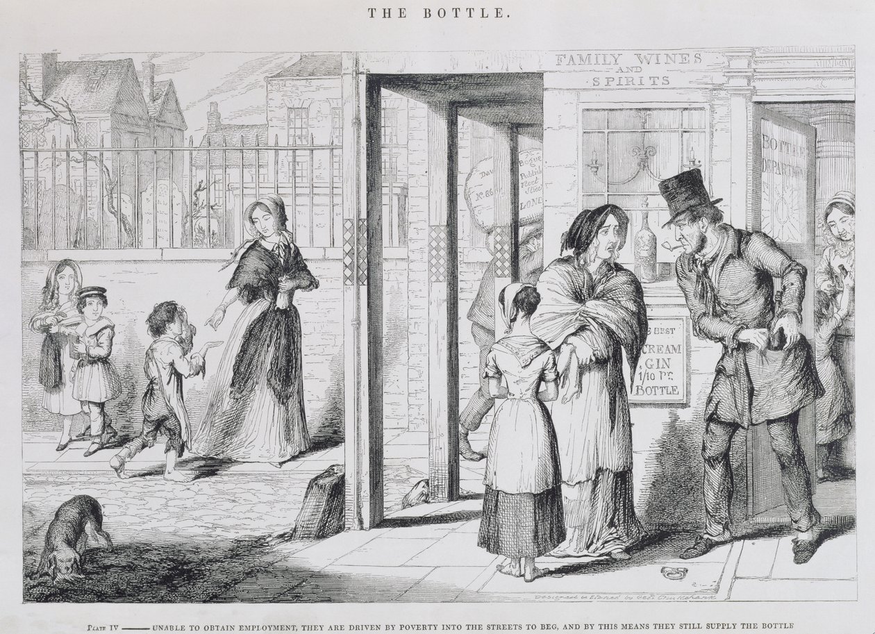 Flasken, Plade IV, Ude af stand til at få beskæftigelse, de drives af fattigdom ud på gaden for at tigge, og på den måde leverer de stadig flasken, 1847 af George Cruikshank