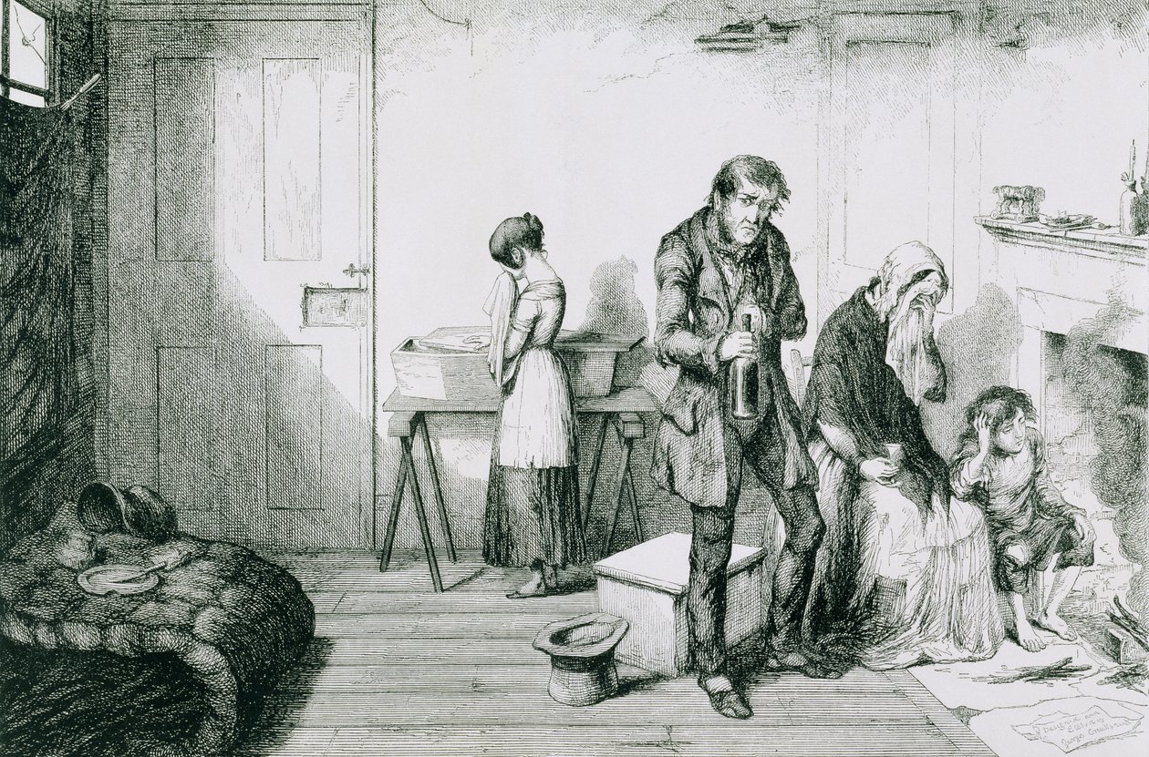 Flasken, Plade V, Kold, elendighed og nød ødelægger deres yngste barn: de trøster sig med flasken, 1847 af George Cruikshank