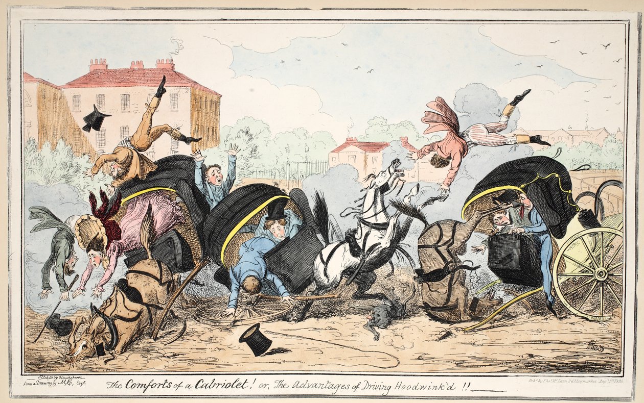 Komforterne ved en Cabriolet - eller - Fordelene ved at køre Hoodwinkd, pub. 1835 (håndfarvet gravering) af George Cruikshank