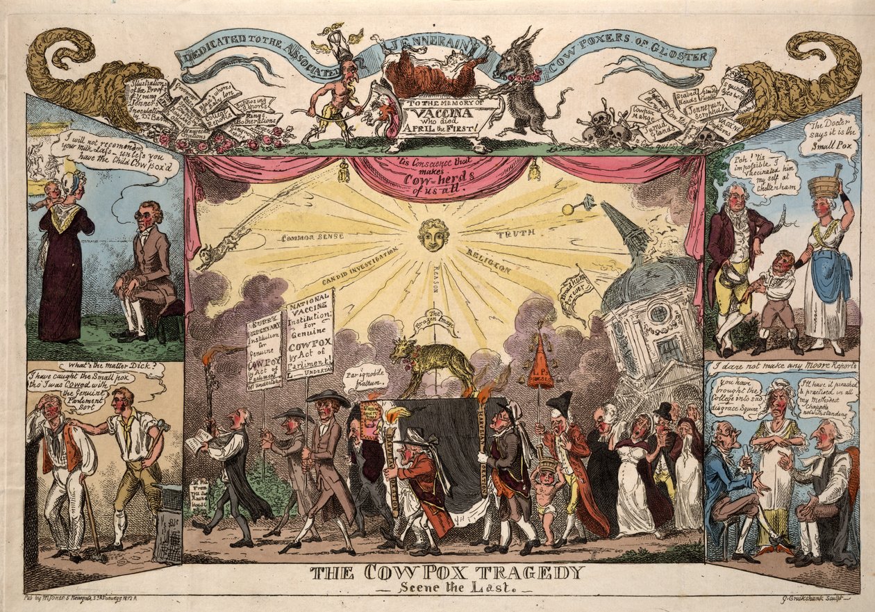 The Cow Pox Tragedy - Scene The Last, pub. London, 1812 (håndfarvet gravering) af George Cruikshank