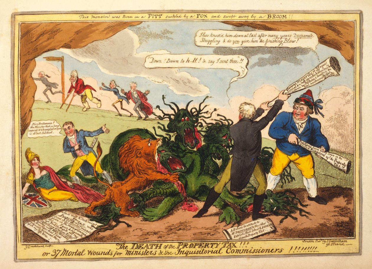 Ejendomsskattens død!! eller 37 dødelige sår for ministre og inkvisitionskommissærerne, pub. 1816 (håndfarvet gravering) af George Cruikshank