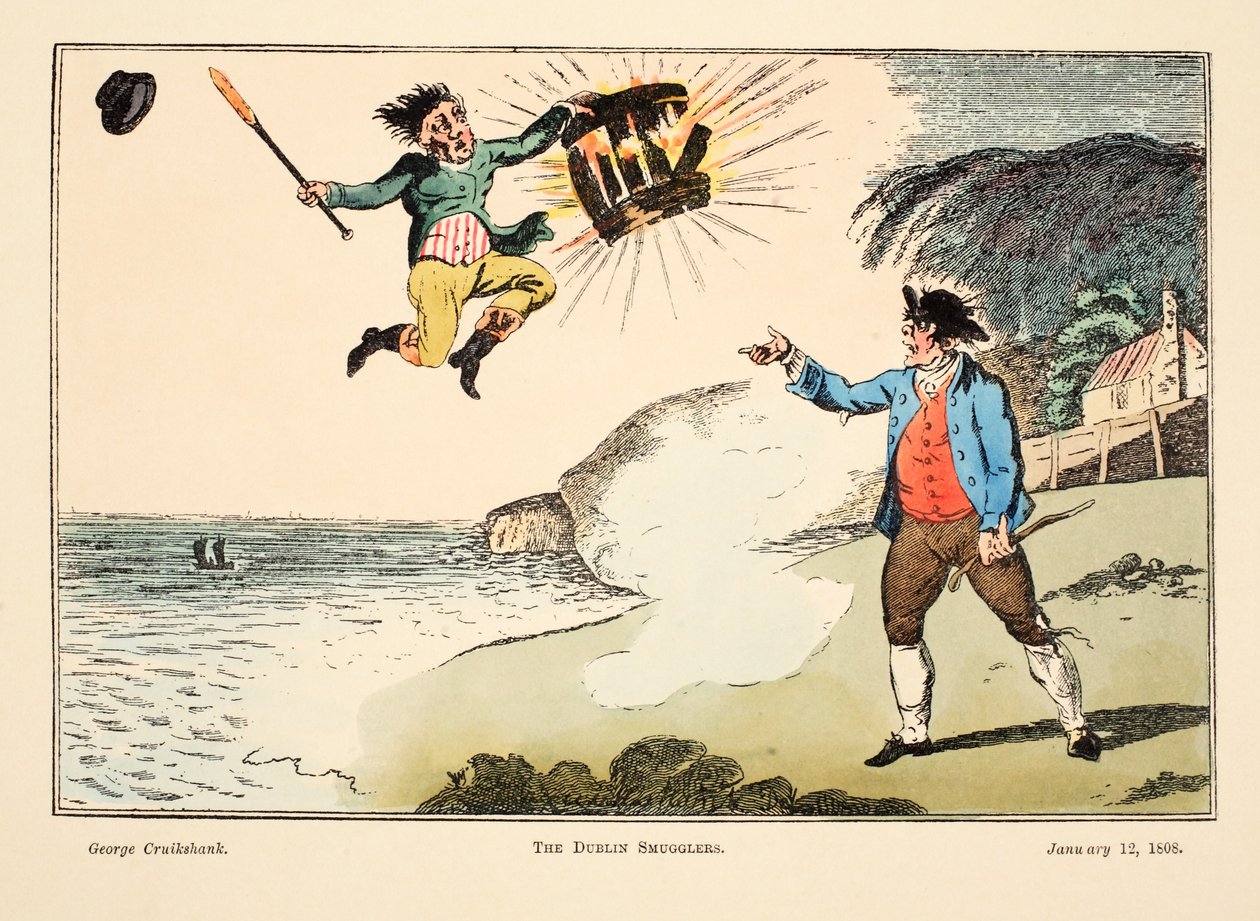 The Dublin Smugglers, 1808 (håndfarvet gravering) af George Cruikshank