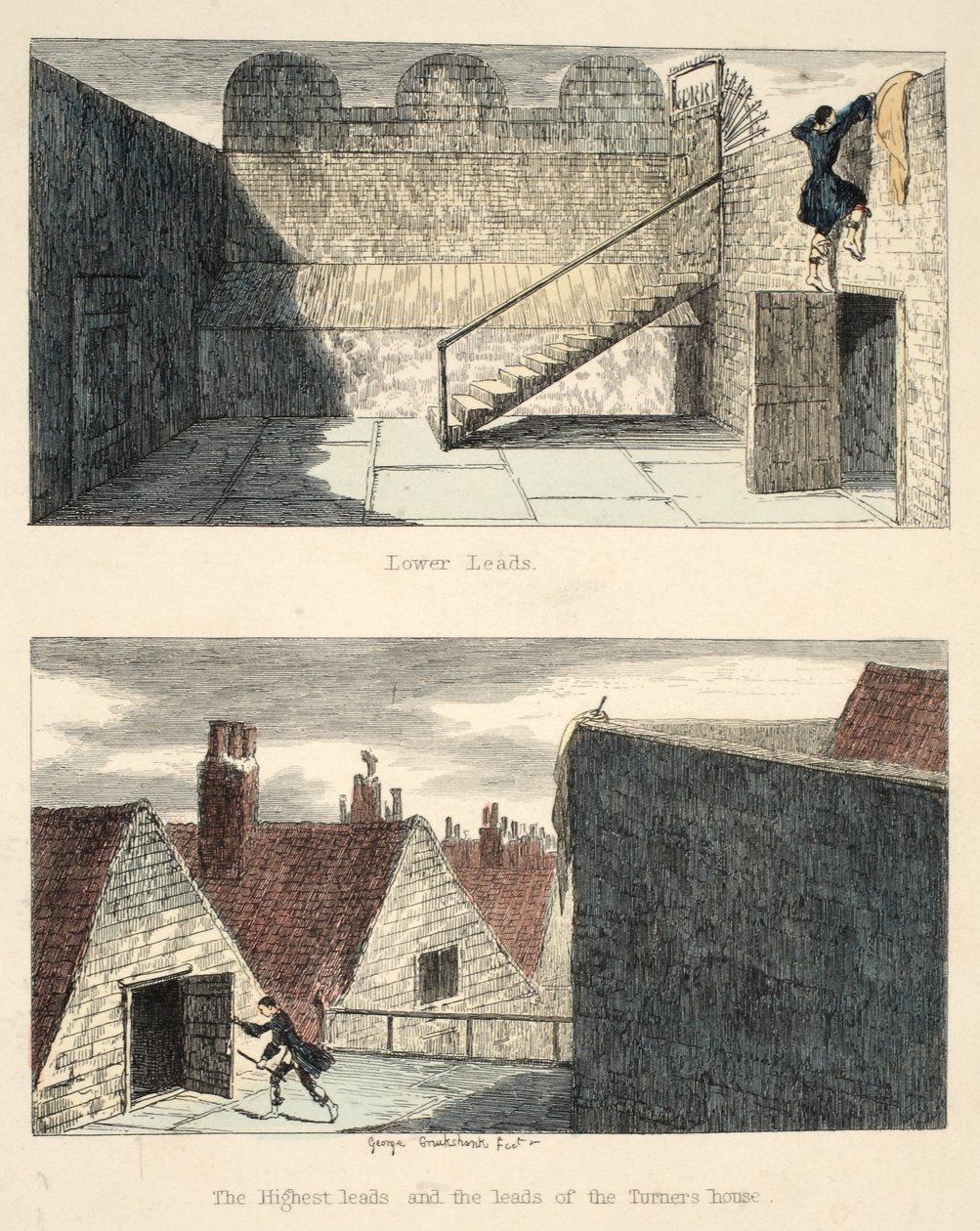The Escape No. 3, illustration fra Jack Sheppard: A Romance af William Harrison Ainsworth, udgivet 1839 (håndfarvet radering) af George Cruikshank