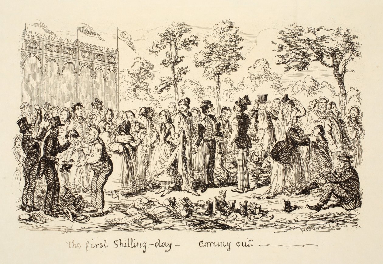 Den første Shilling-dag - Kommer ud, pub. 1851 af George Cruikshank