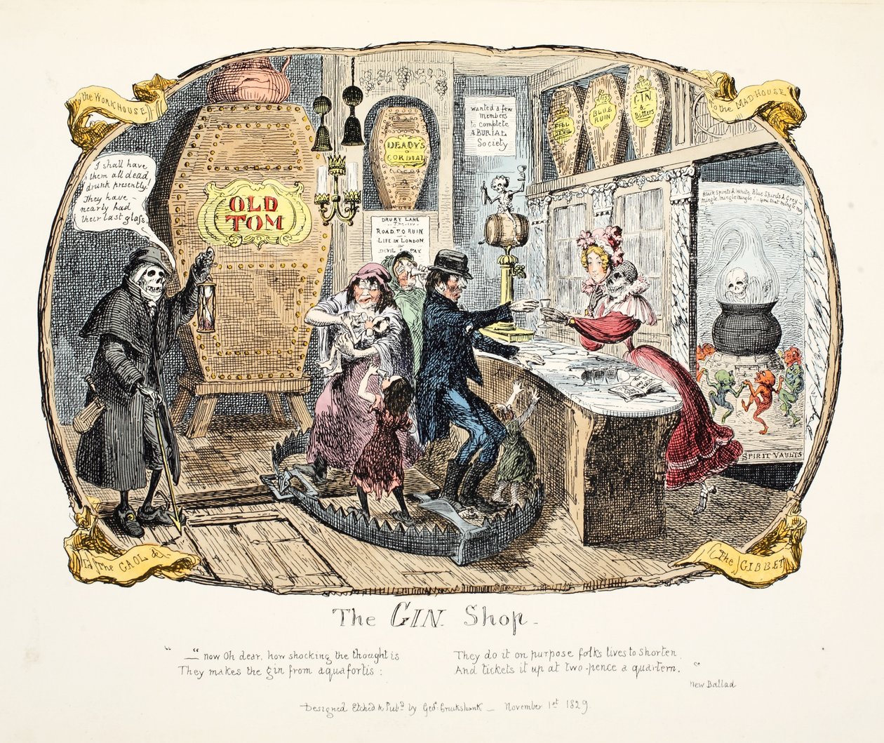 The Gin Shop, pub. 1829 (håndfarvet gravering) af George Cruikshank
