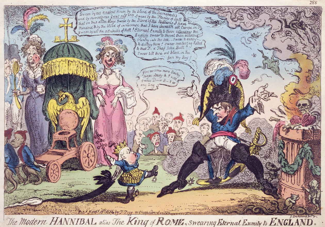 Kongen af Rom, 1814 - tegneserie, der viser Napoleon og hans søn, Napoleon II (1811-32), Roi de Rome af George Cruikshank