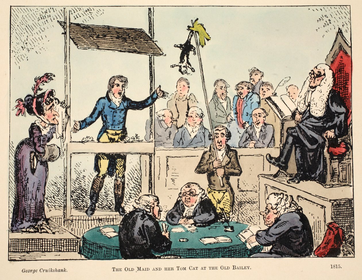 The Old Maid and her Tom Cat på Old Bailey, pub. 1815 (håndfarvet gravering) af George Cruikshank