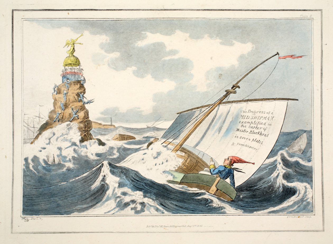 The Progress of a Midshipman eksemplificeret i Master Blockheads karriere i syv plader und Frontispice, 1835 (håndfarvet gravering) af George Cruikshank