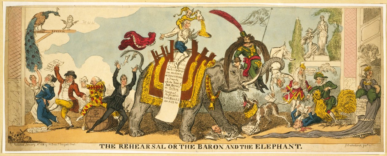 Øvelsen eller Baronen og Elefanten, pub. 1812 (håndfarvet gravering) af George Cruikshank