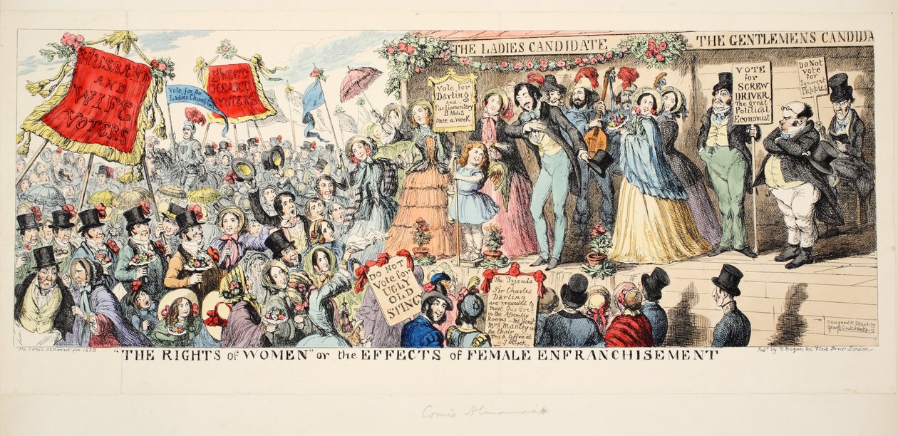 Kvinders rettigheder eller virkningerne af kvindelig rettigheder, pub. 1853 (håndfarvet gravering) af George Cruikshank