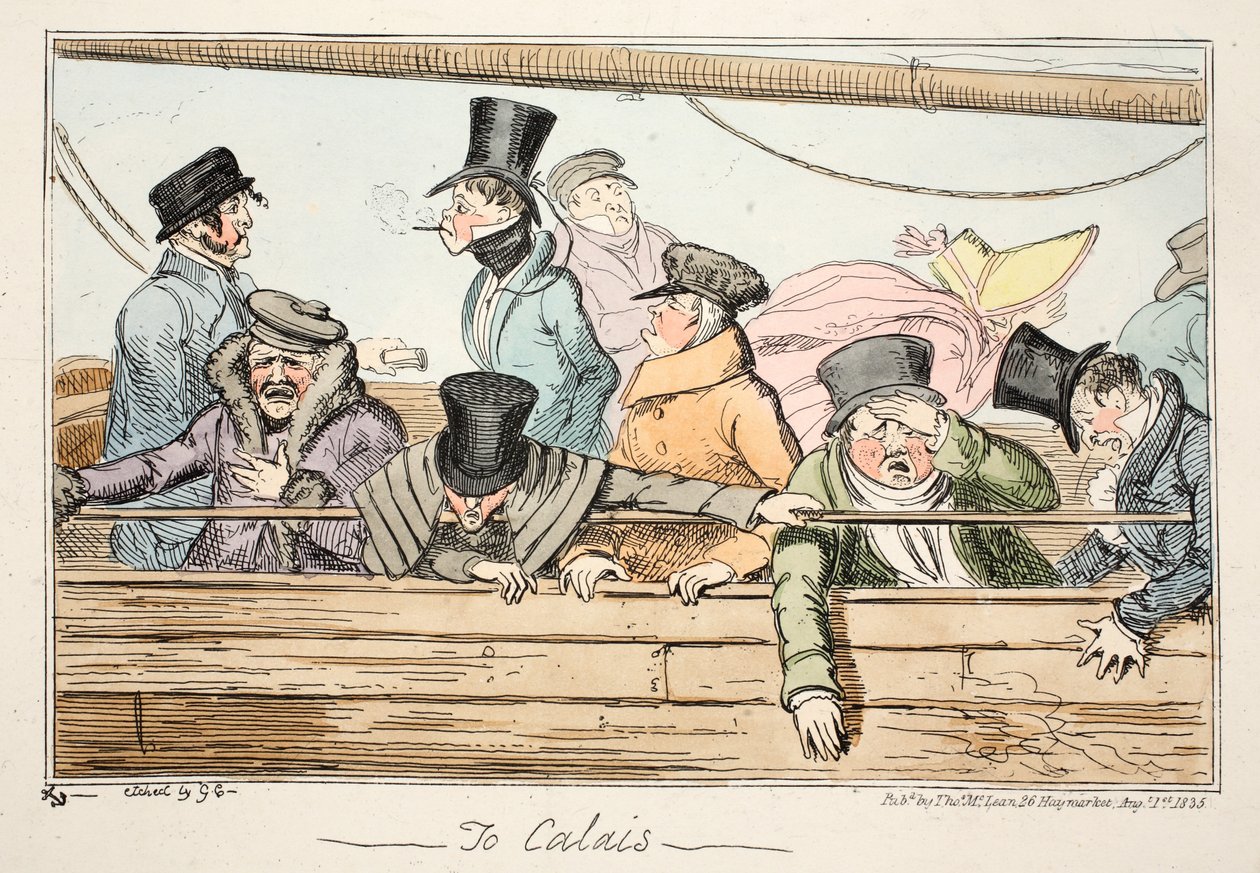 Til Calais, pub. 1835 (håndfarvet radering) af George Cruikshank