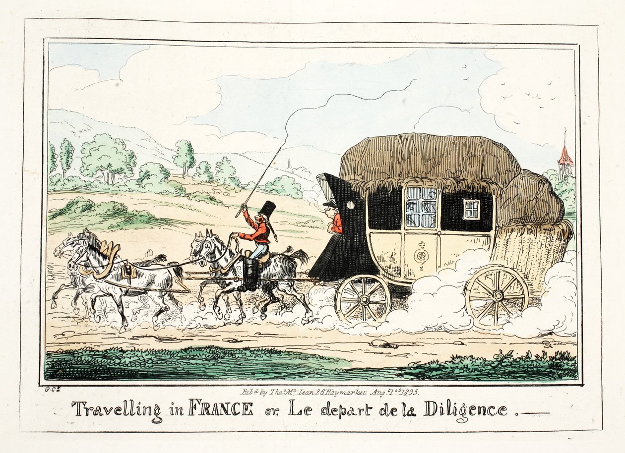 Rejser i Frankrig eller Le Depart de la Diligence, 1835 (håndfarvet gravering) af George Cruikshank
