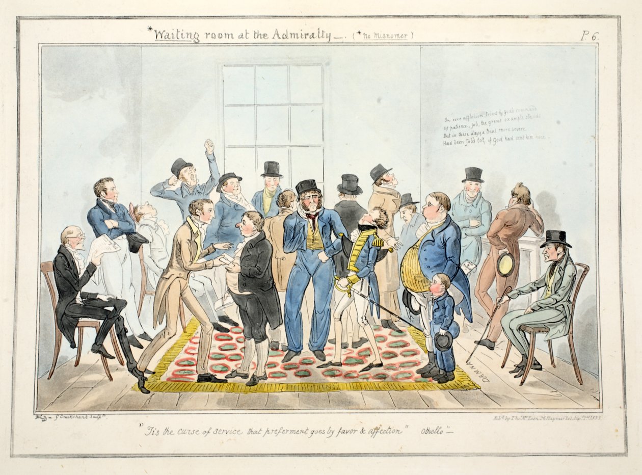 Waiting Room at the Admiralty, fra The Progress of a Midshipman, pub. 1835 (håndfarvet gravering) af George Cruikshank
