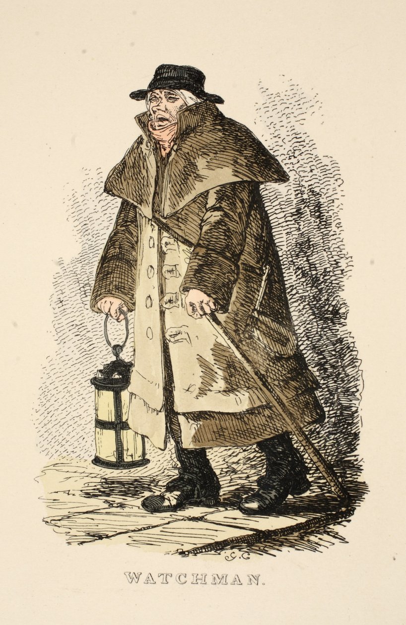 Watchman fra The Gentlemans Pocket Magazine, pub. 1827 (håndfarvet gravering) af George Cruikshank