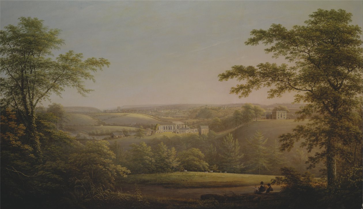 Easby Hall og Easby Abbey med Richmond, Yorkshire i baggrunden af George Cuitt