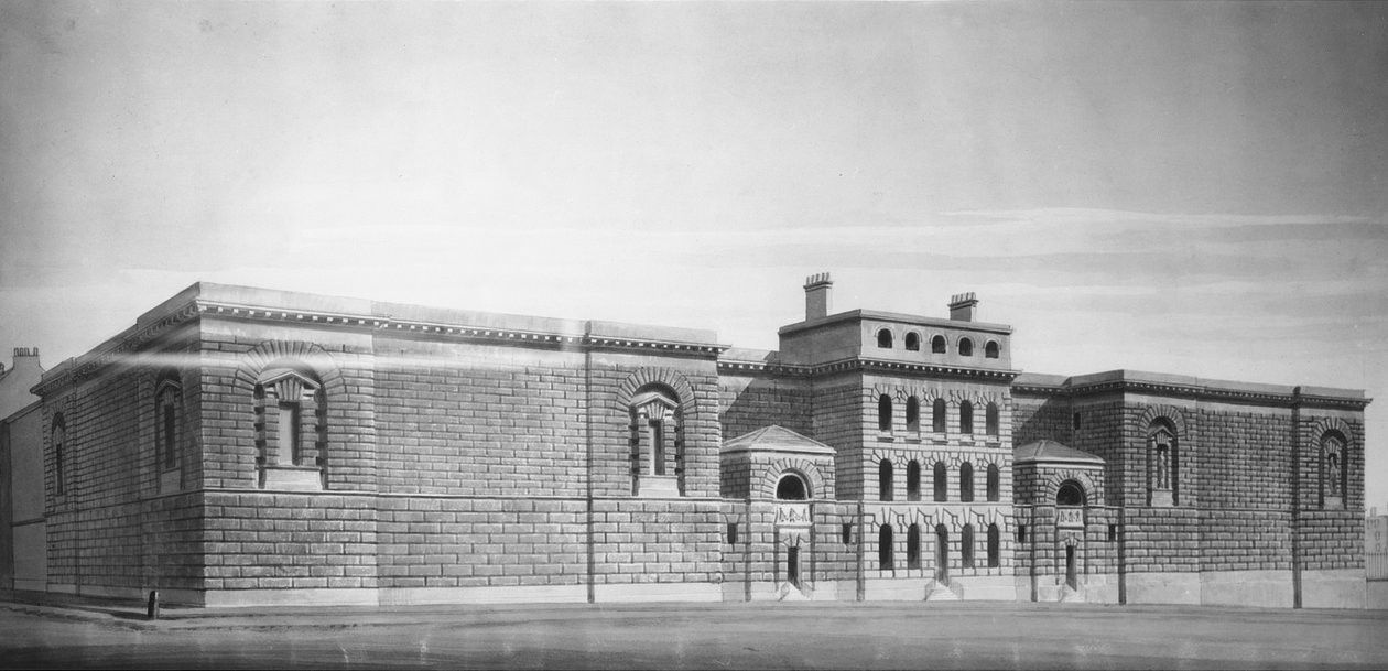Newgate Gaol: Elevation, tegning (bw negativ) af George Dance