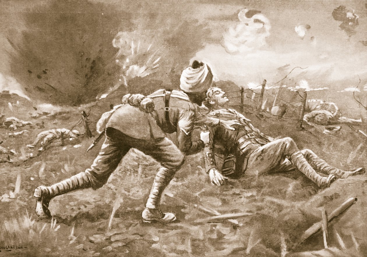 Lance-Naik Lala slæber en såret officer, som han fandt liggende tæt på fjenden, til et shelter, og der binder hans sår af George Derville Rowlandson