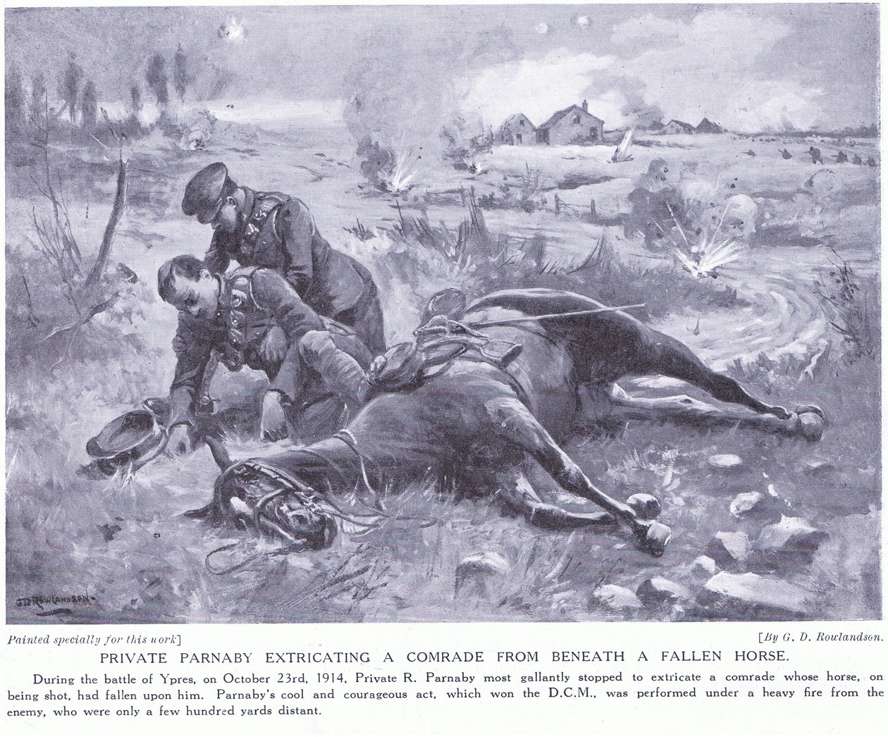 Privat Parnaby tildelte DCM for at udvinde en kammerat fra undersiden af en falden hest under kraftig beskydning oktober 1914 af George Derville Rowlandson