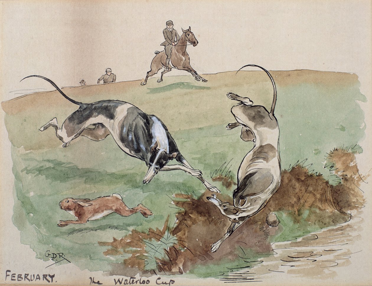 Februar måned: Kurs (pen og blæk og wc på papir) af George Derville Rowlandson