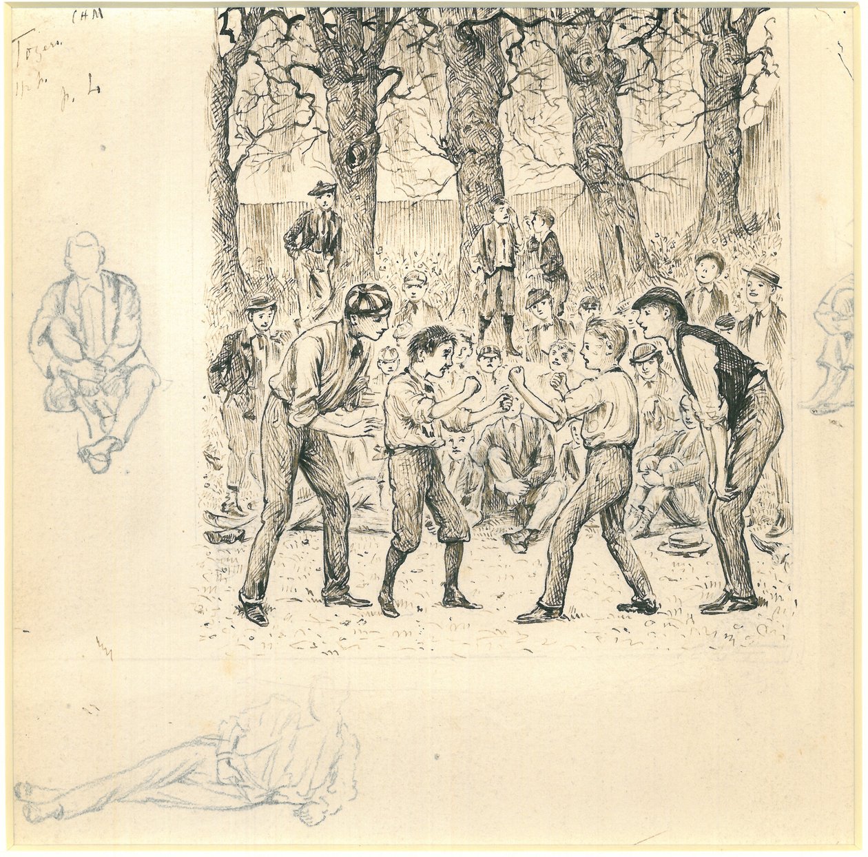 School Boys Fighting (pen og blæk med blyant på papir) af George du Maurier